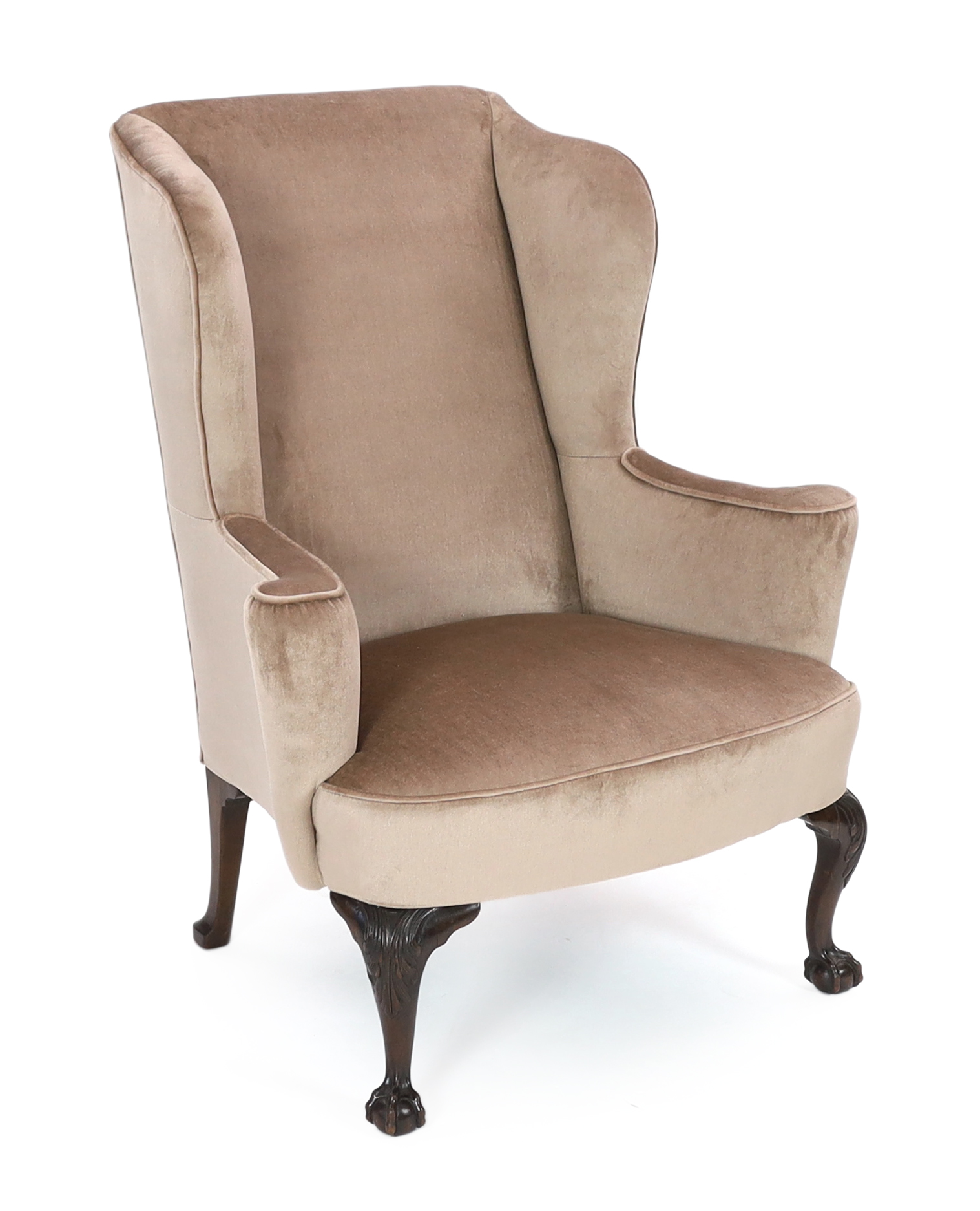 A George II style mahogany wing armchair, 93cm wide, 86cm deep, 114cm high